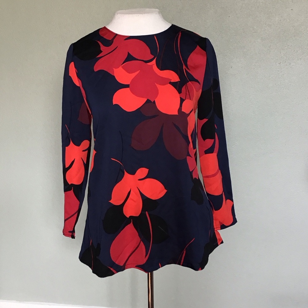 Nordstrom Halogen Navy and Red Floral Blouse Button-down Back XS Petite